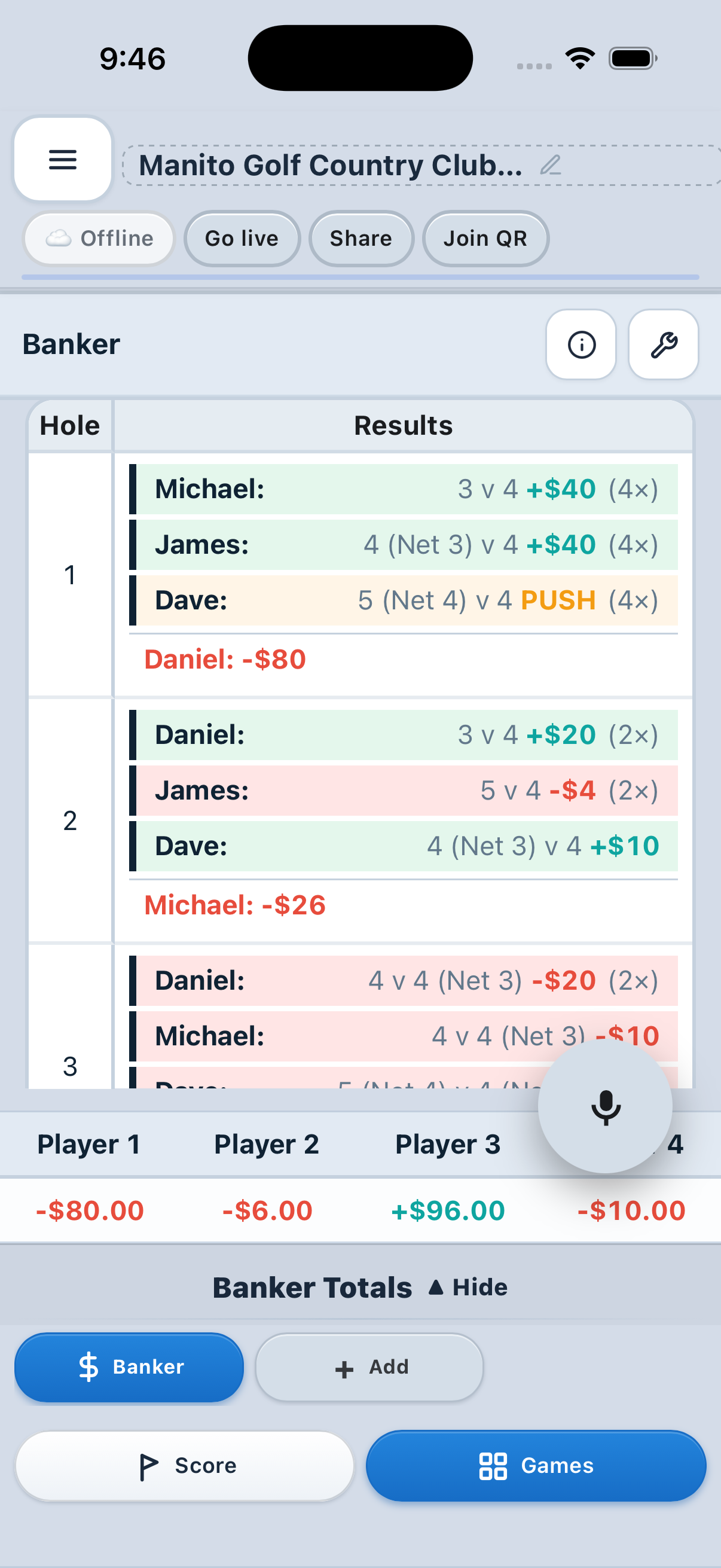 StakeMarker Banker results showing hole-by-hole payouts in light mode