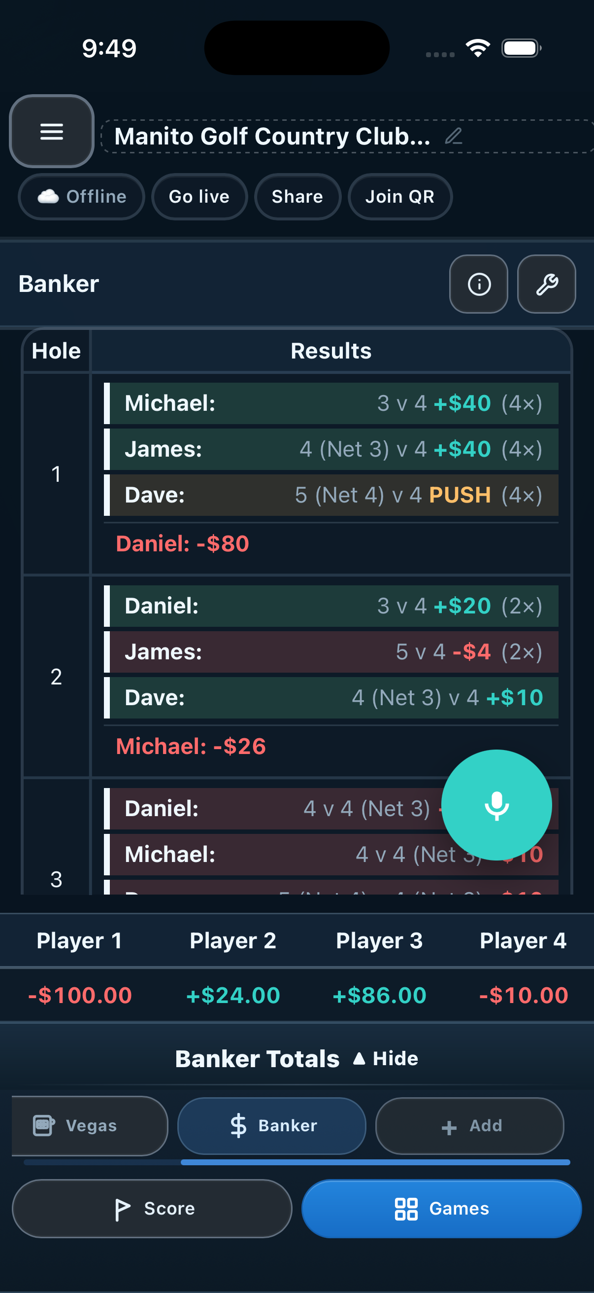 StakeMarker Banker results showing hole-by-hole payouts