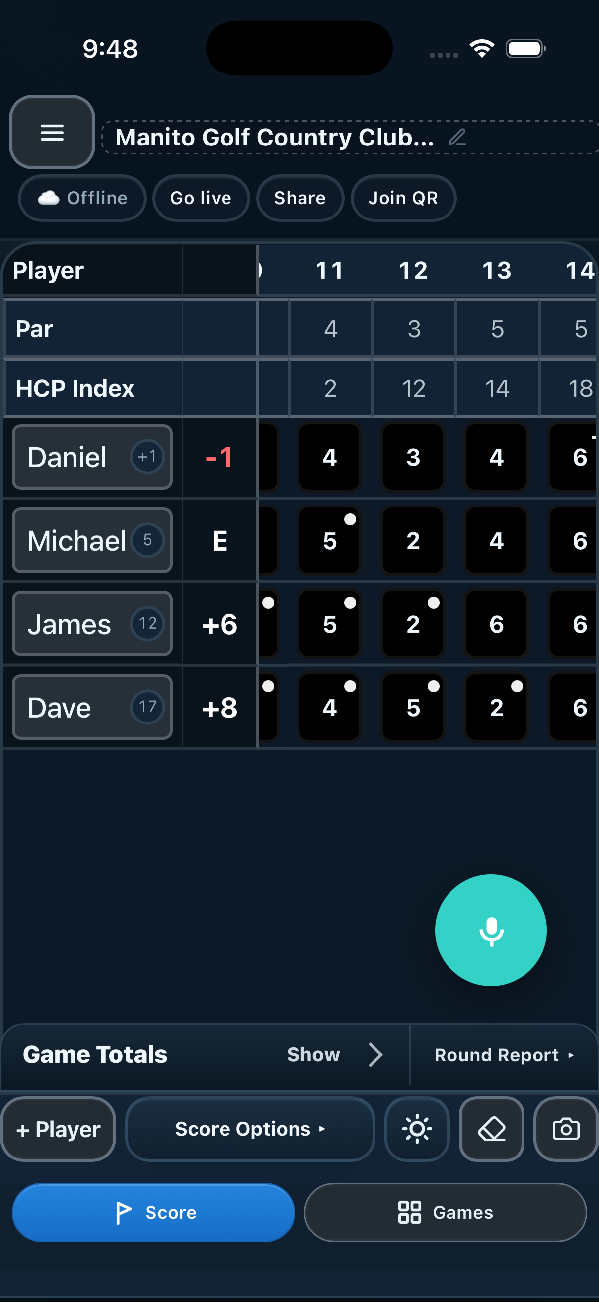 A live dark-mode round in the StakeMarker scorecard