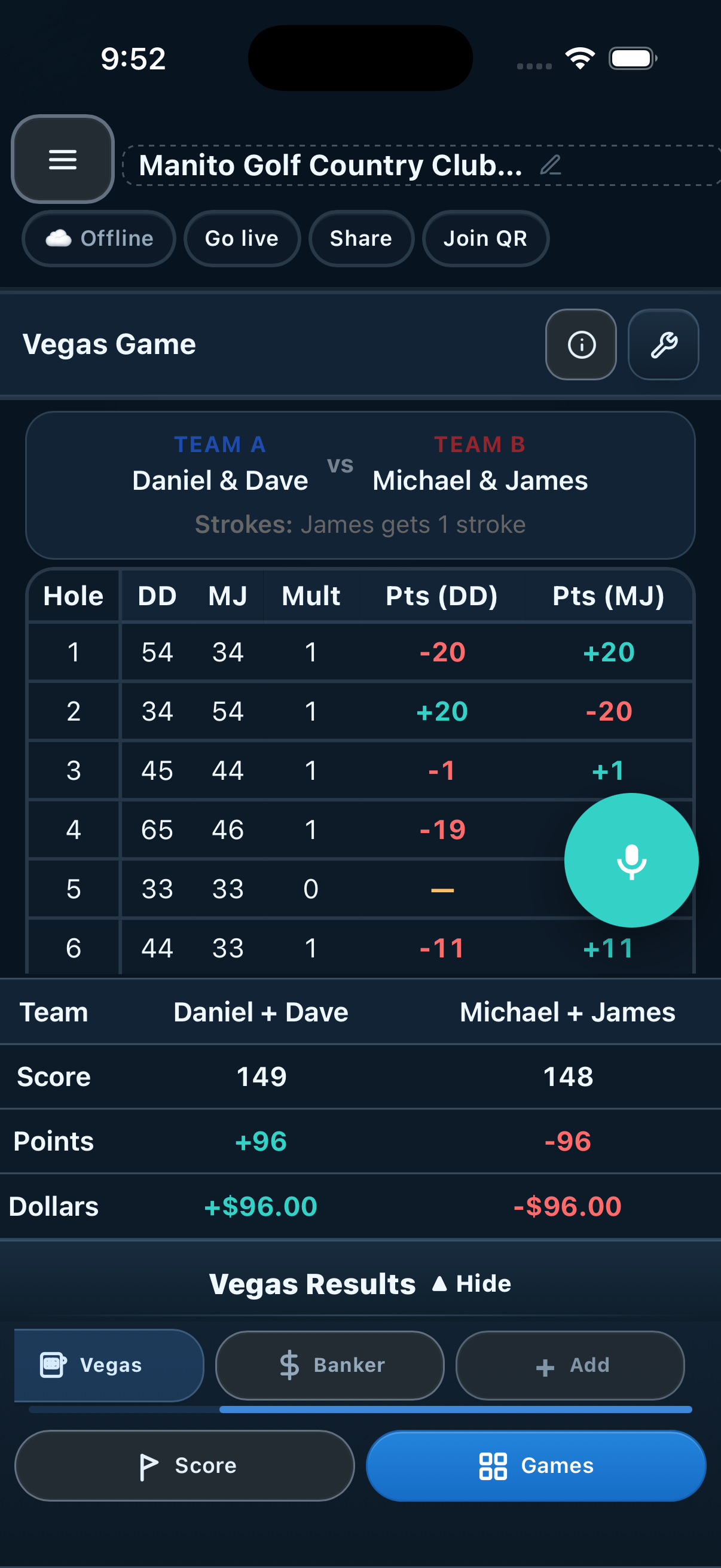 StakeMarker Vegas game screen showing team results by hole