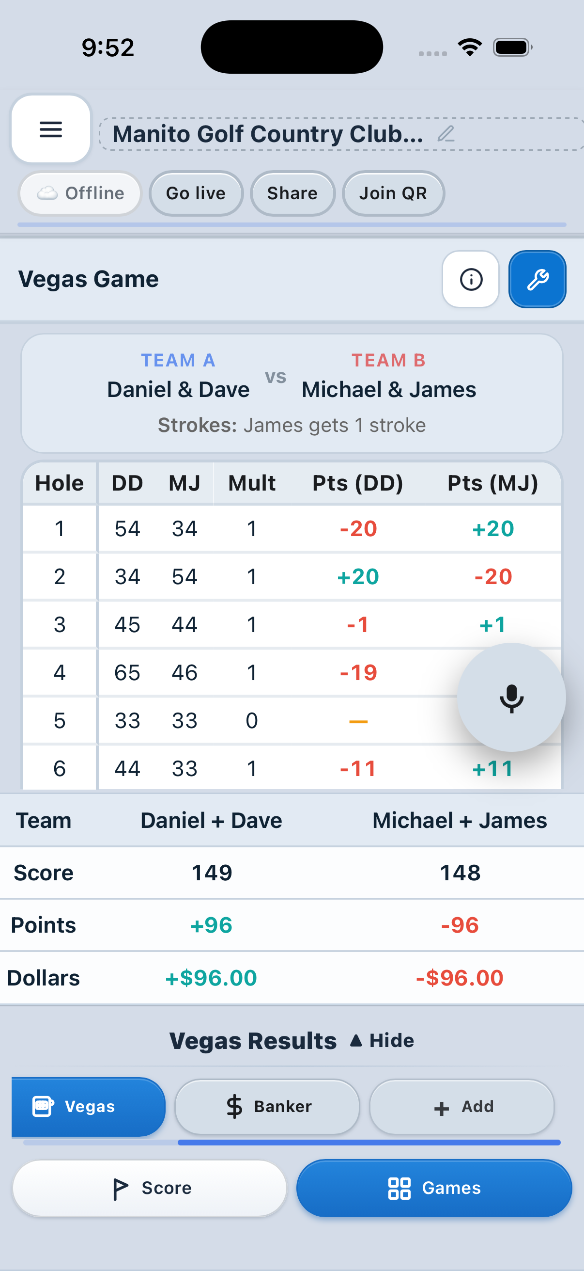 StakeMarker Vegas game screen showing team results by hole in light mode